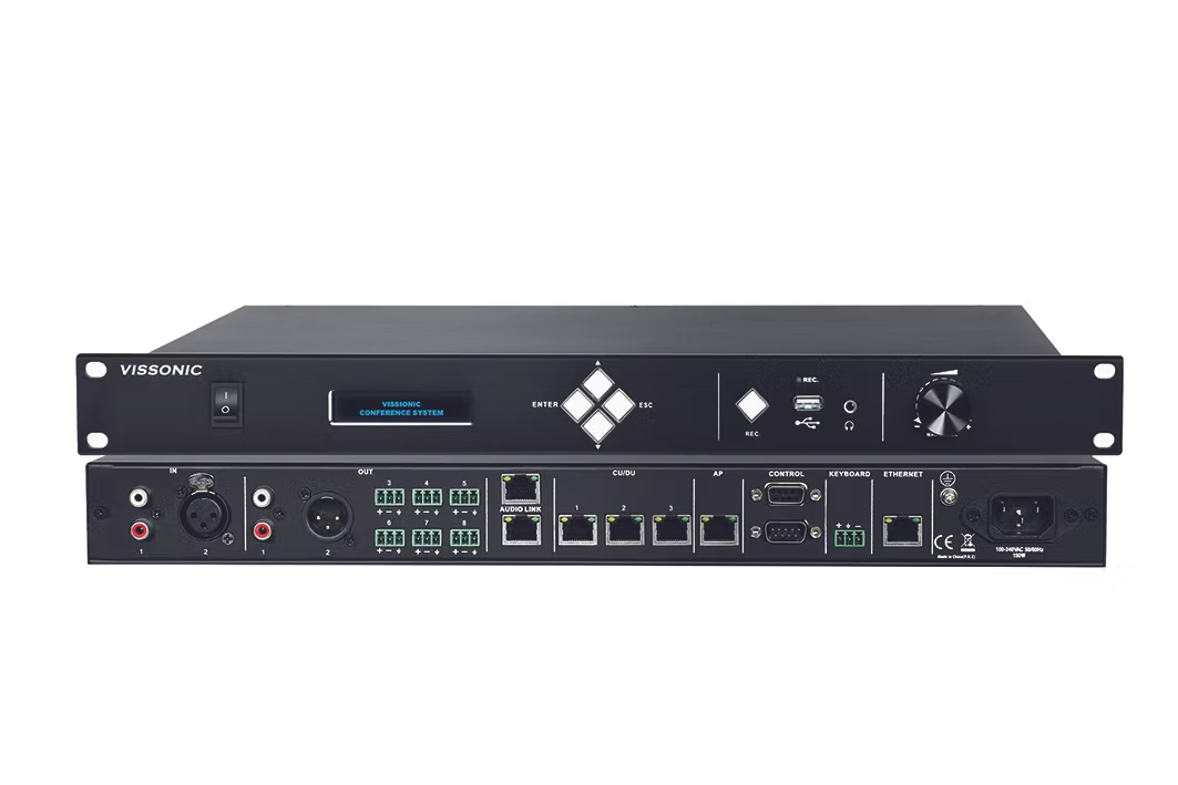 Vissonic VIS-DCP2000-W Digitale Steuerzentrale für drahtlose und drahtgebundene Konferenzanlagen mit DSP Signalbearbeitung. Ünterstützt Funktionen wie Kanalwahl, Abstimmung und Kameraführung