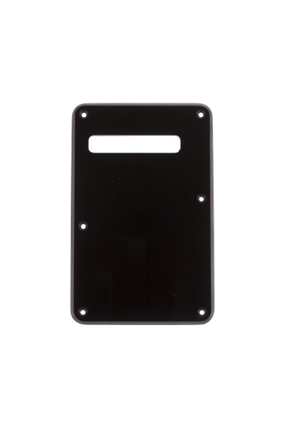 Fender Stratocaster Modern-Style Tremolo Backplates Black with single slot opening for strings.