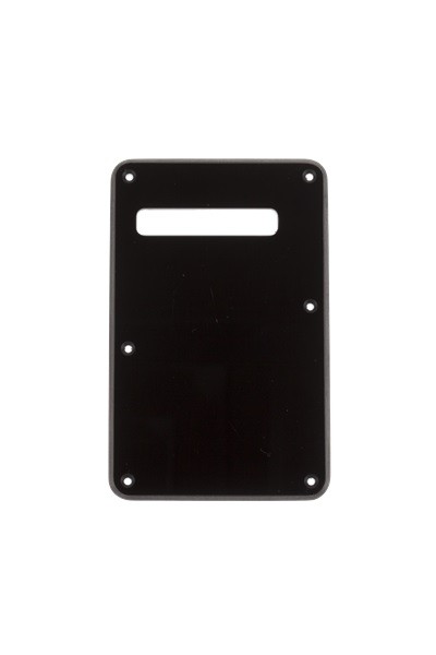 Fender Stratocaster Modern-Style Tremolo Backplates Black with single slot opening for strings.